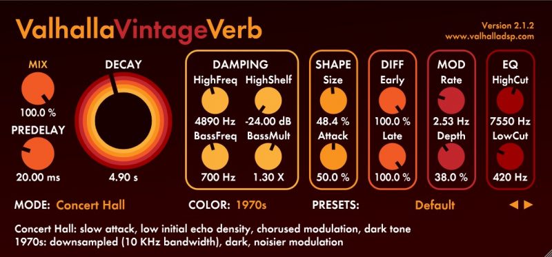 Valhalla DSP Vintageverb Algorithmic Reverb Plugin